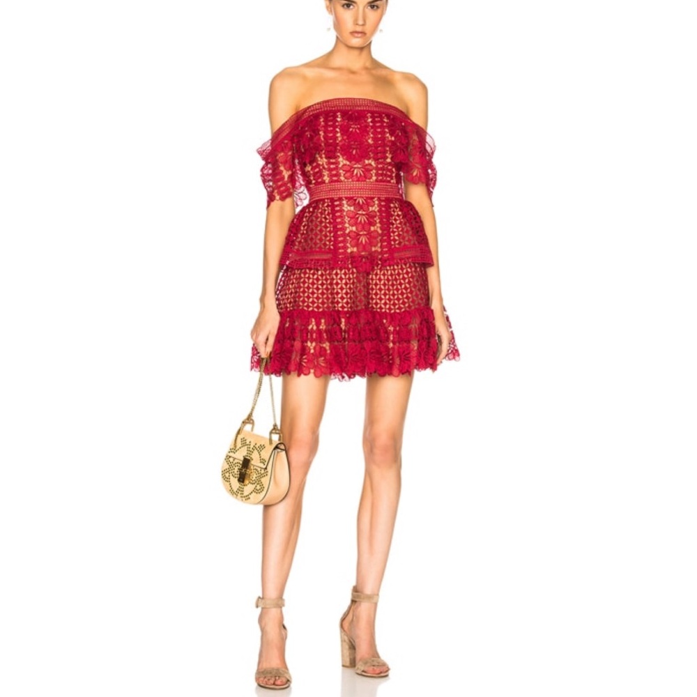 SELF-PORTRAIT Red Off Shoulder Guipure Mini Dress Lace Size 2